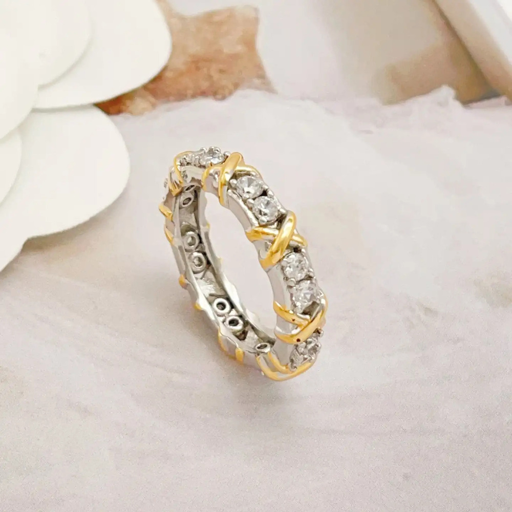 Tiffany & Co. Silver White Diamond Gold X Symbol Ring